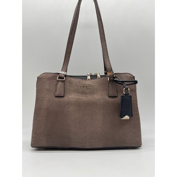 GUESS Lyndi Girlfriend croc embossed large satchel - Brown/Black - Picture 5 of 16